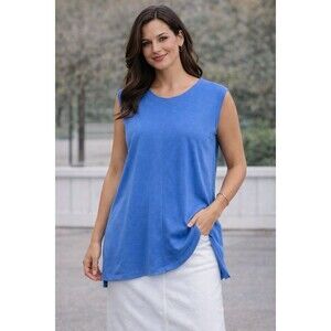 J Jill Wearever Tunic Womens Medium Blue Sleeveless Knit Casual Modern Top